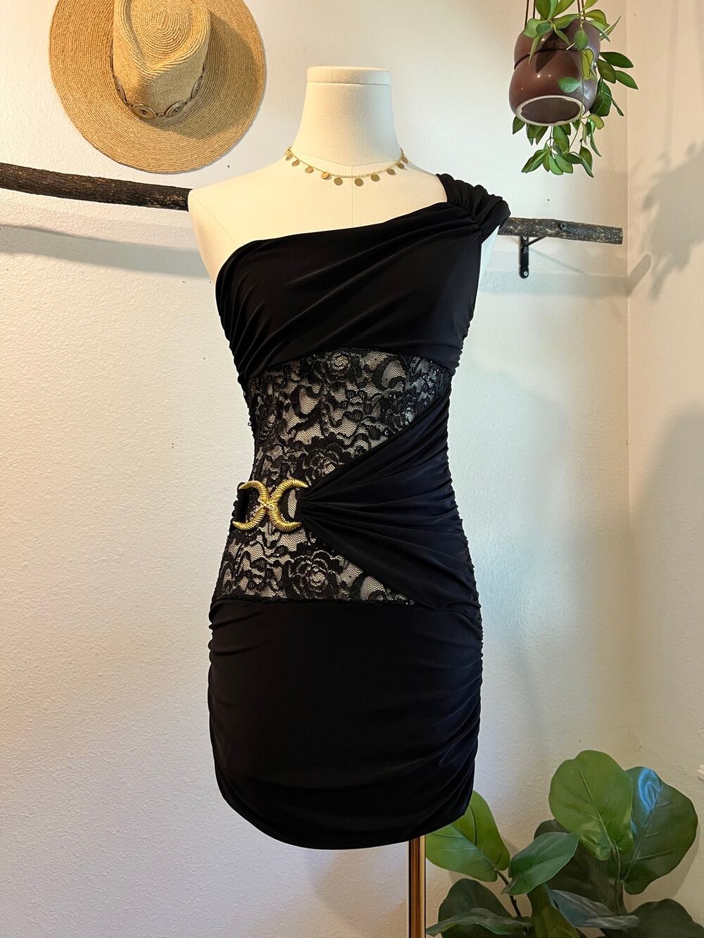 USA De More Y2K Black Stretchy Lace One Shoulder Gold Buckle Dress Size XS